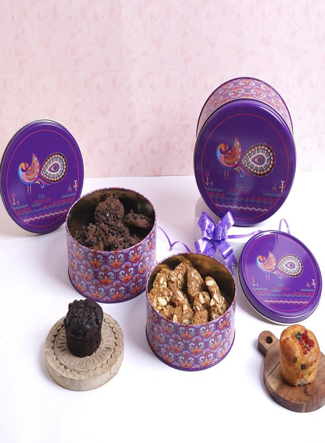 GLISTENDECOR Circular Tin Storage Box | Airtight Metal Containers for Cookies, Biscuits | Multipurpose Kitchen Organizer for Beads, Buttons & Essentials | Durable & Decorative - Pack of 3 (Purple) - Image 5